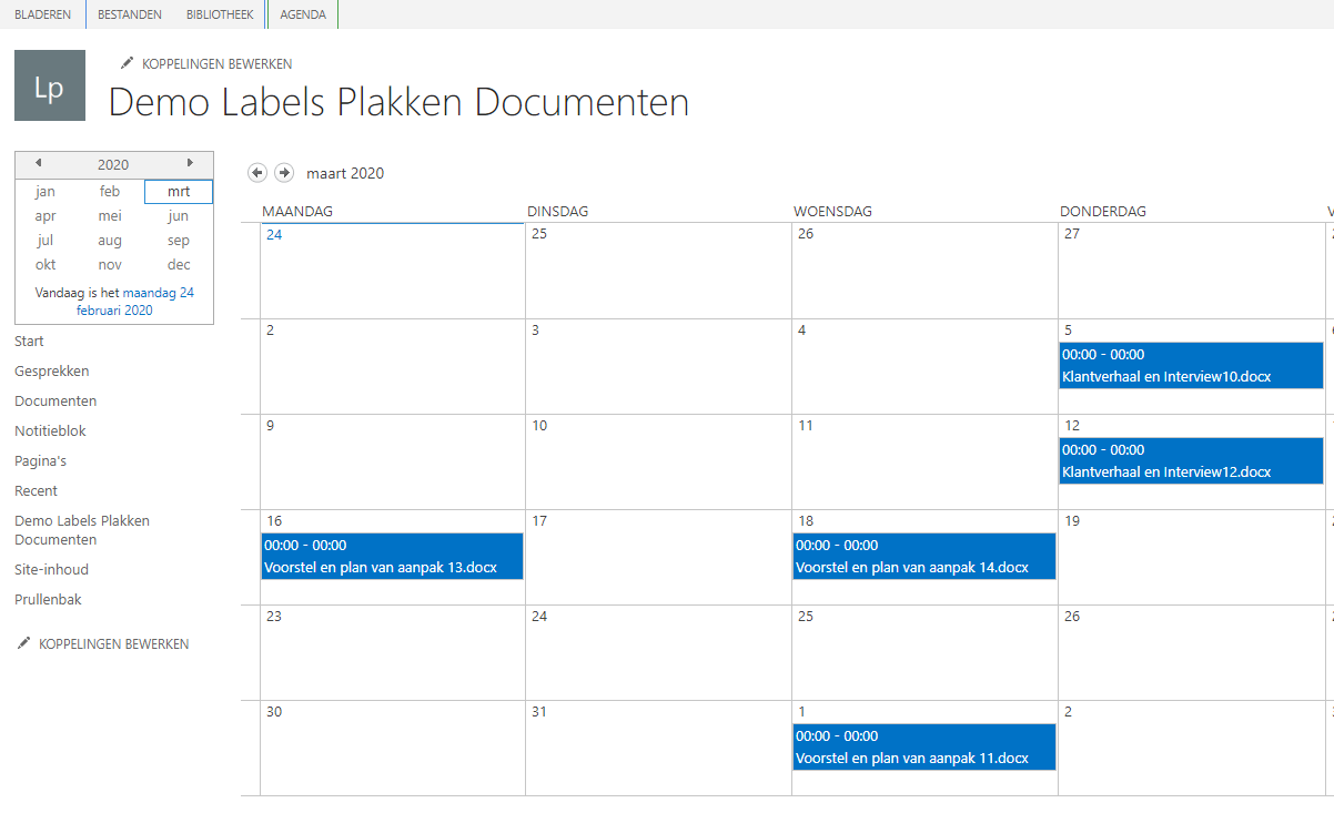 Office 365 Meta data Documenten op een agenda weergave